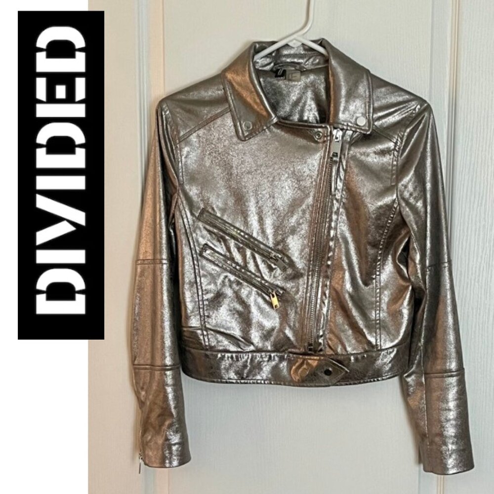 H&M Divided Metallic Silver Moto Biker Jacket - Women's Sz 6